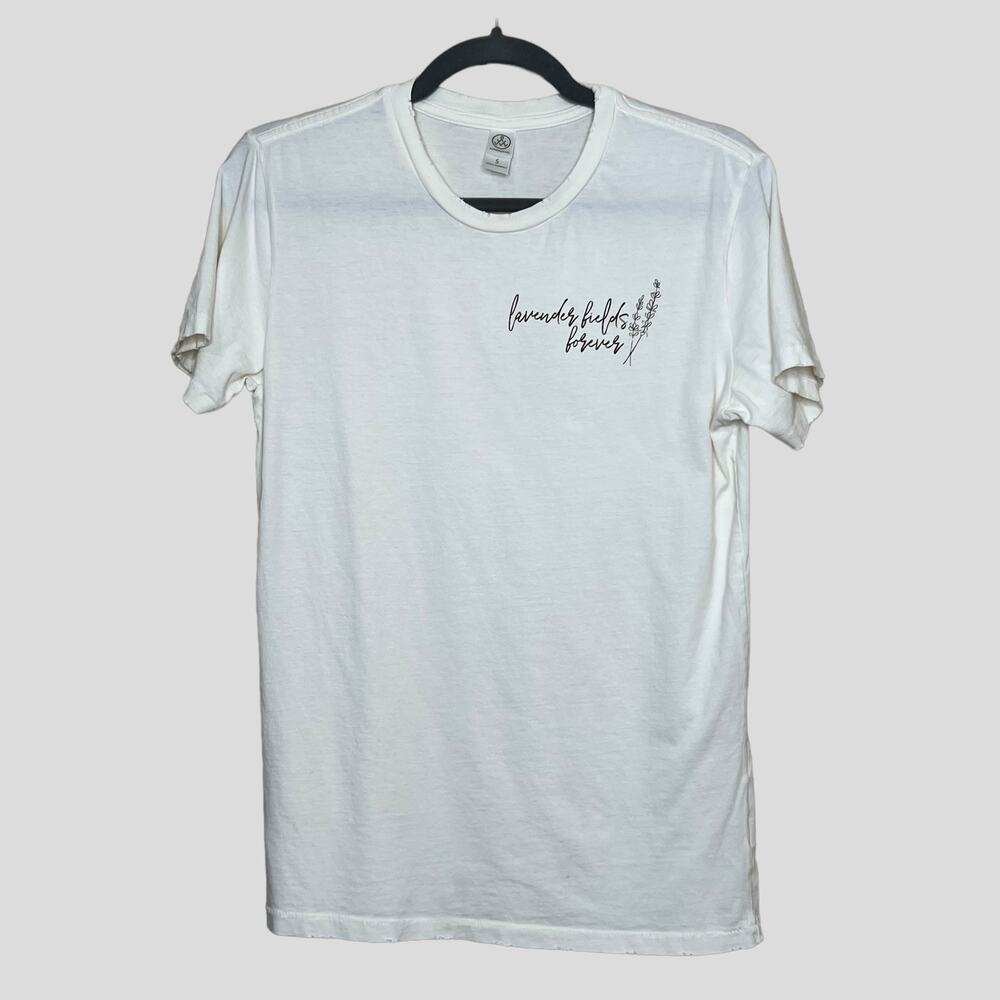 Lavender Fields Forever Graphic T-Shirt Women Sz S Cream Distressed Short Sleeve